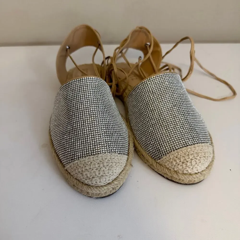 Schutz Crystal Lace-Up Espadrilles 7B Tan Silver Rhinestone Summer Flat Resort